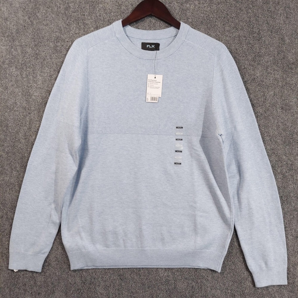 FLX Sweater Mens Medium Blue Premium Crewneck Waffle Knit Pullover Ultrasoft